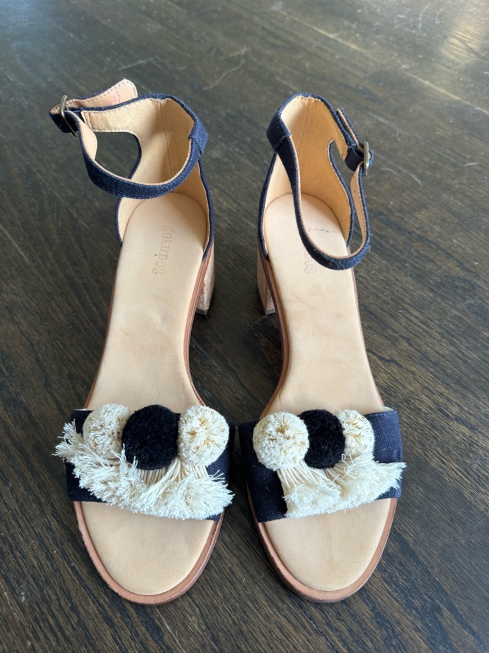 Soludos Black Ankle-Strap Sandals with Cream Fringe Pom Detail